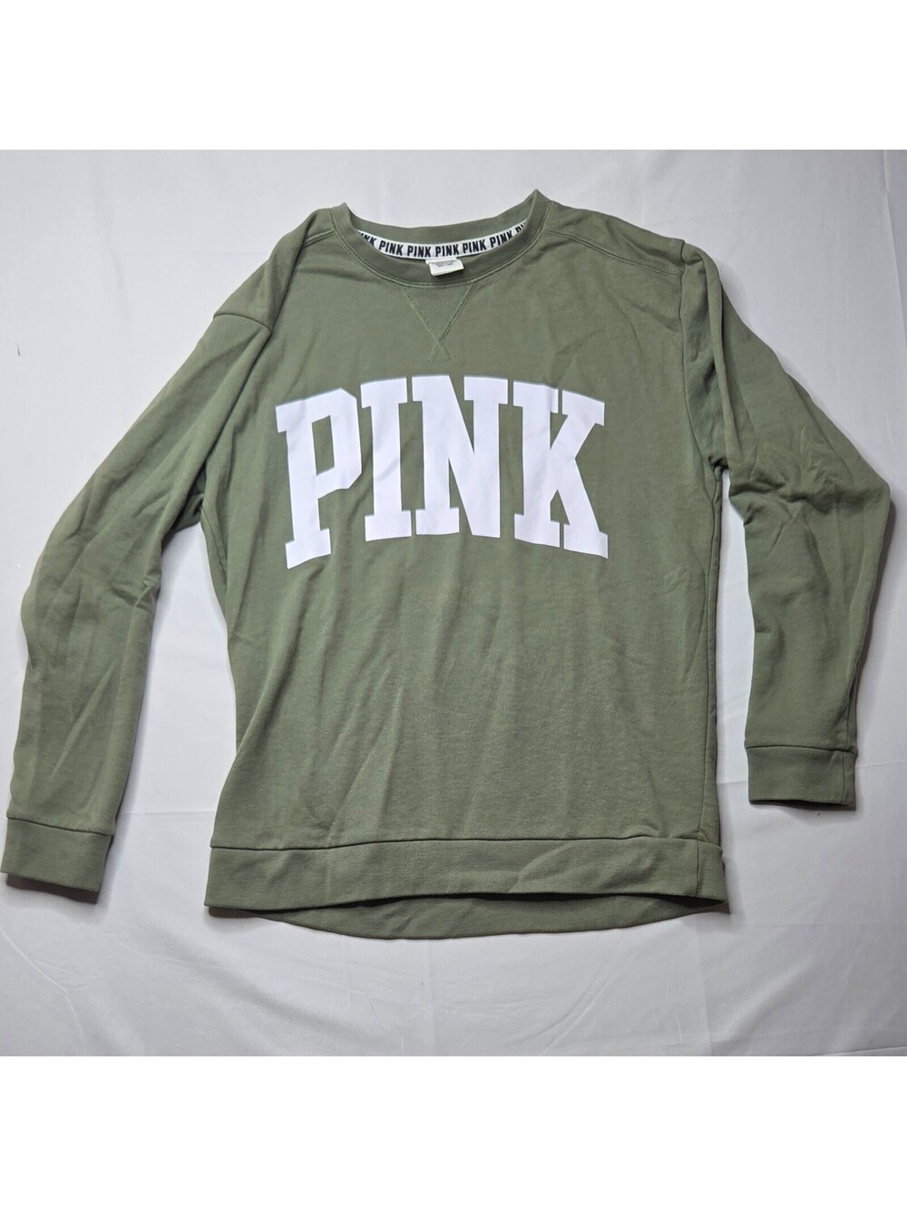 VS PINK Olive Green Varsity Logo Crewneck Sweatshirt Medium M NWOT